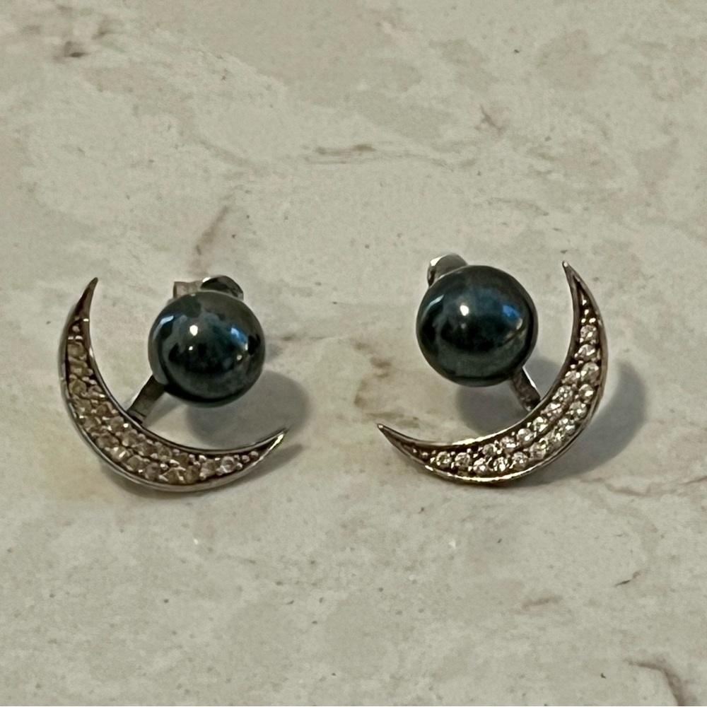 Silver and Black Crescent Moon Earrings